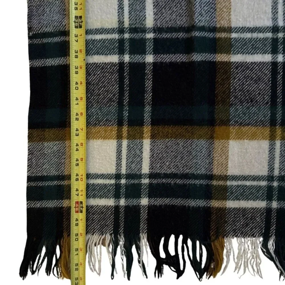Vtg Troy Wool Leisure Blanket Green Navy Plaid Stadium Throw Fringe 48x53 USA